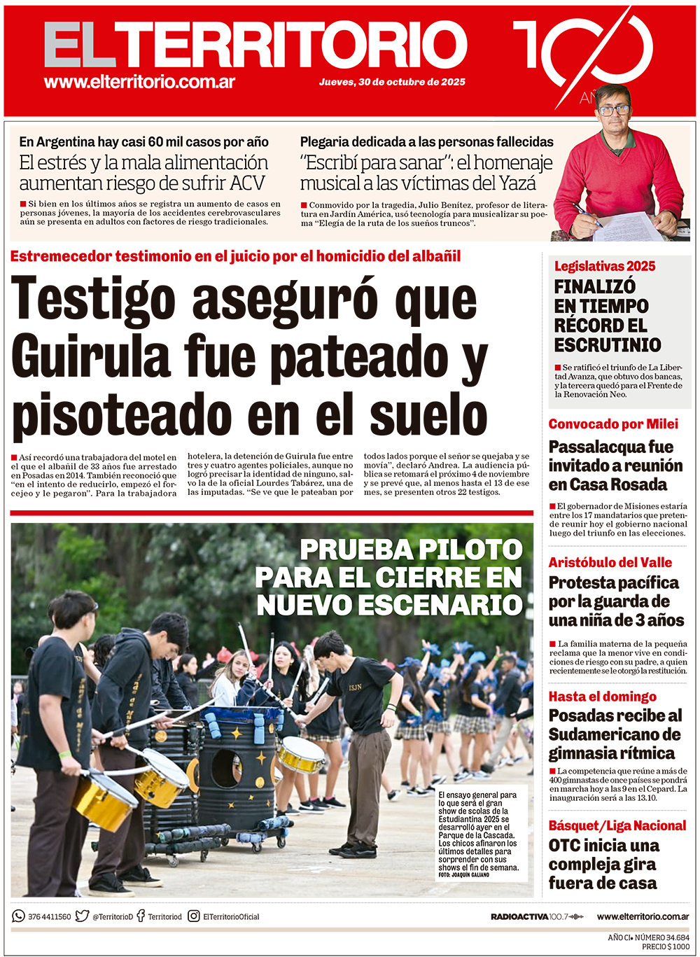 Tapa del diario El Territorio 30/10/2025