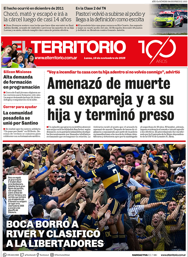 Tapa del diario El Territorio 10/11/2025