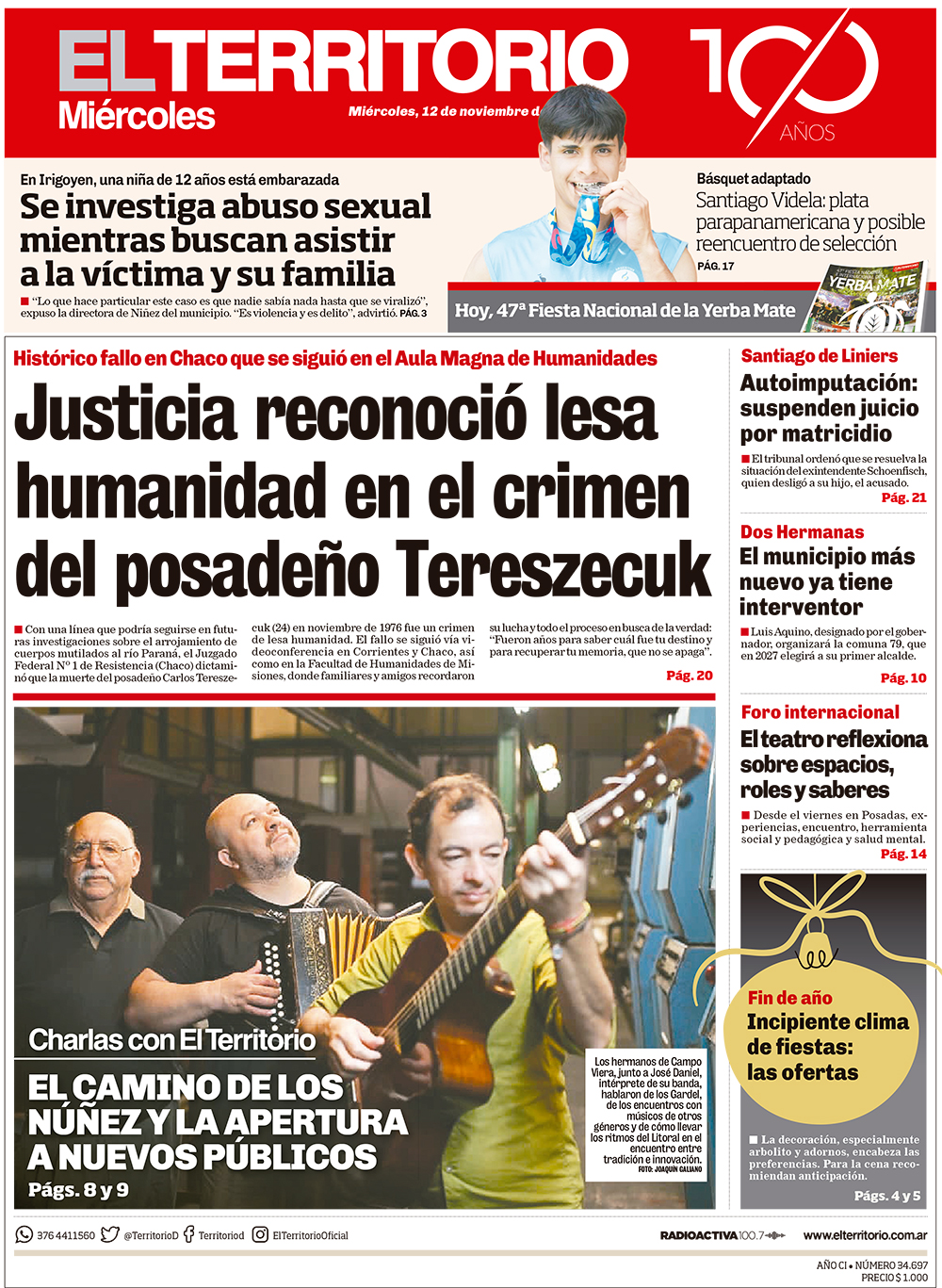 Tapa del diario El Territorio 12/11/2025
