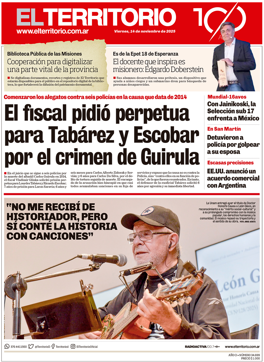 Tapa del diario El Territorio 14/11/2025