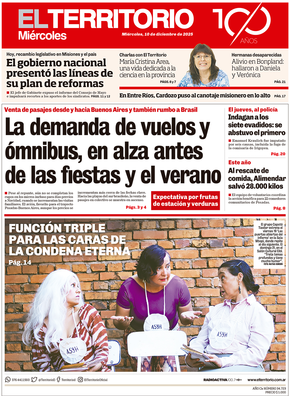Tapa del diario El Territorio 10/12/2025