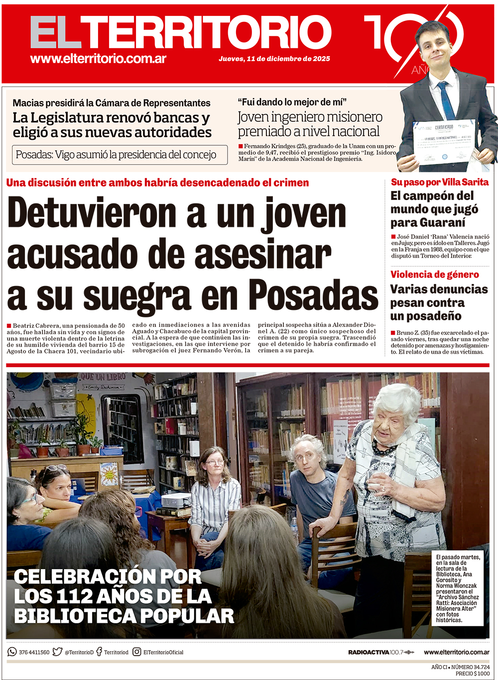 Tapa del diario El Territorio 11/12/2025