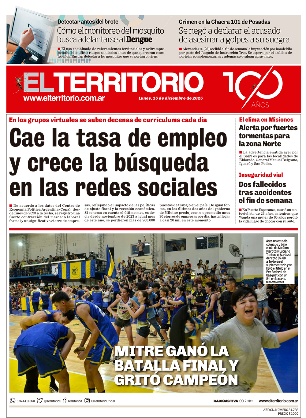 Tapa del diario El Territorio 15/12/2025