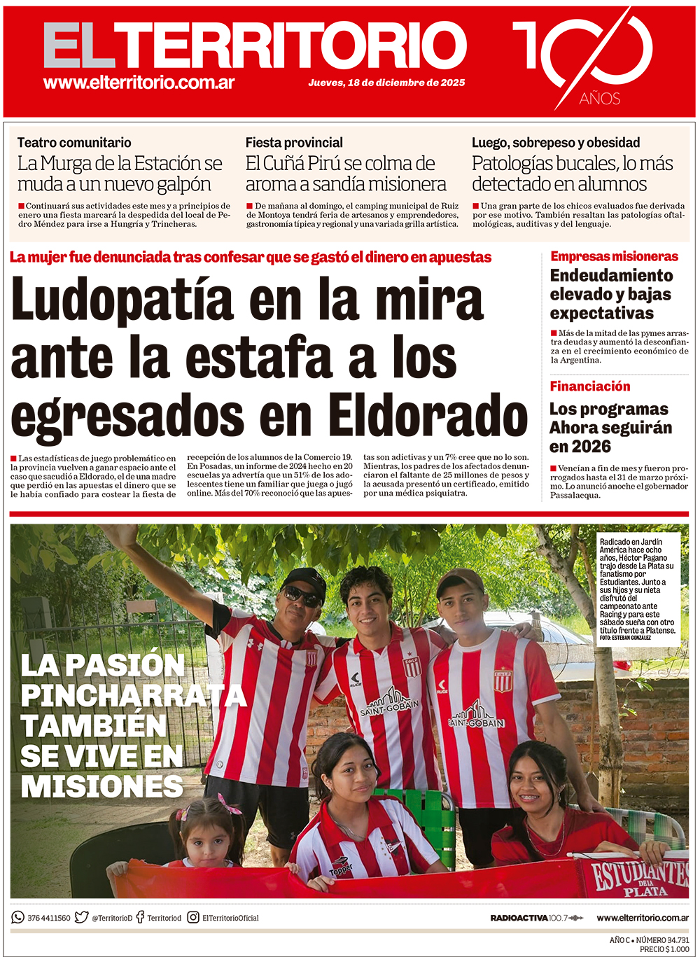 Tapa del diario El Territorio 18/12/2025
