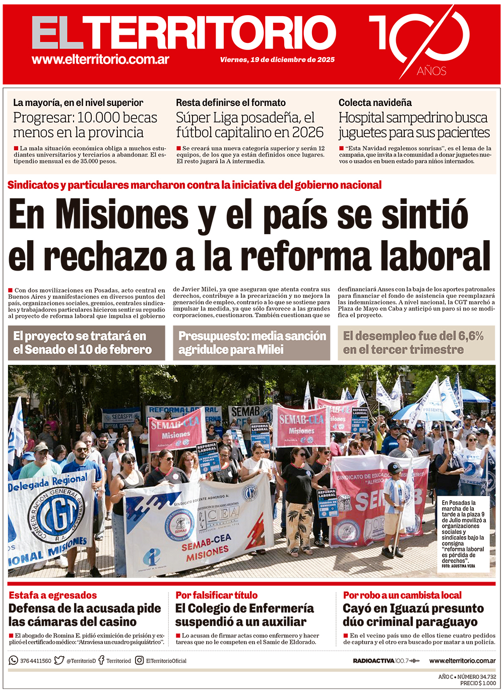 Tapa del diario El Territorio 19/12/2025