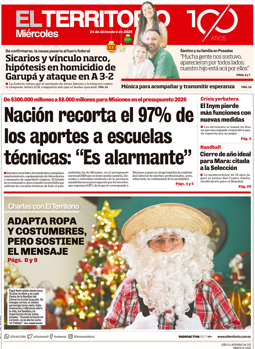 Tapa del diario El Territorio 24/12/2025