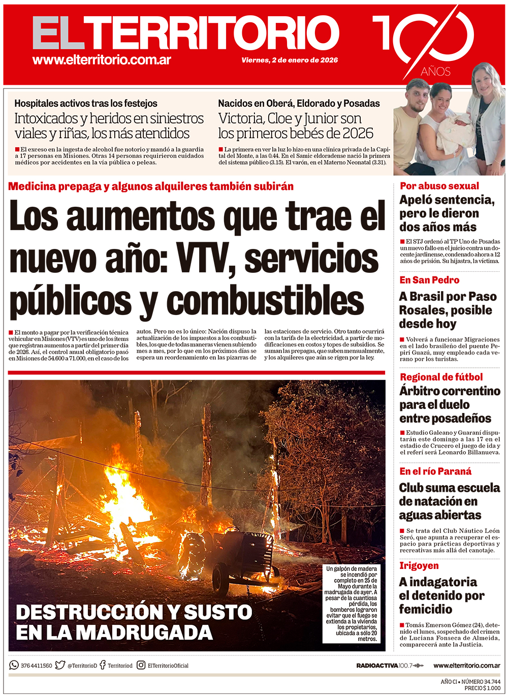 Tapa del diario El Territorio 02/01/2026