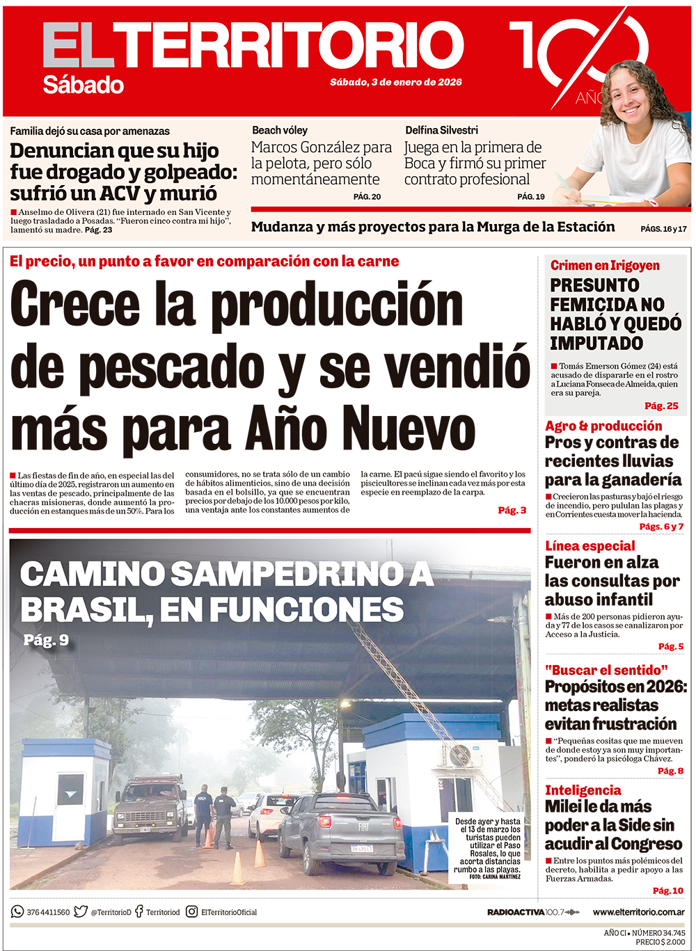 Tapa del diario El Territorio 03/01/2026