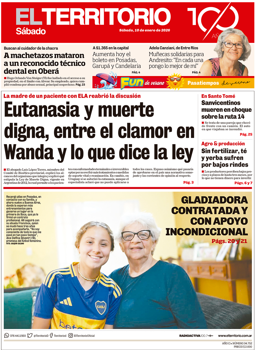 Tapa del diario El Territorio 10/01/2026