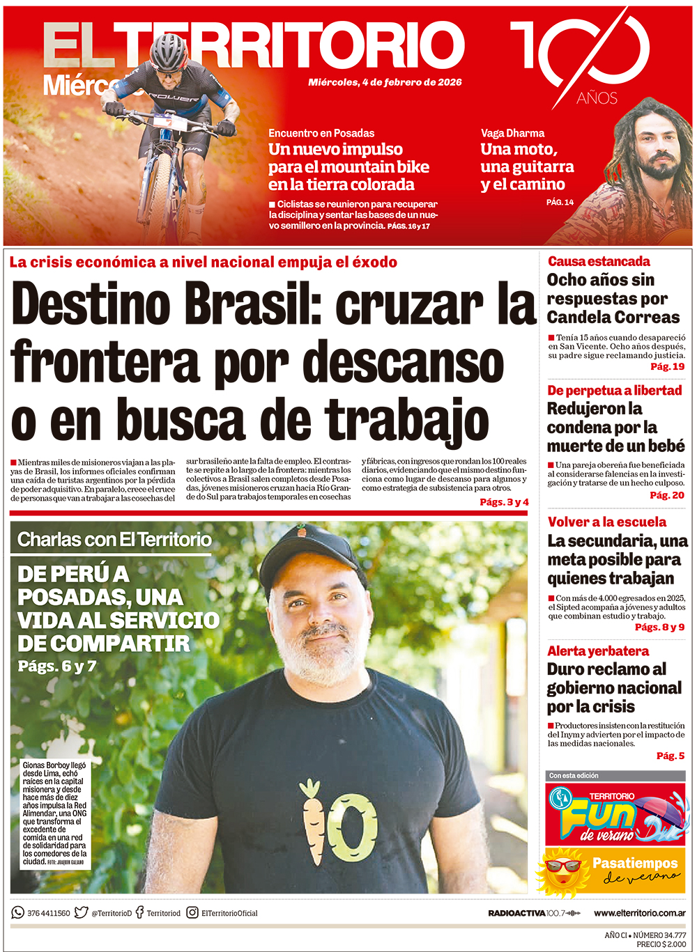 Tapa del diario El Territorio 04/02/2026