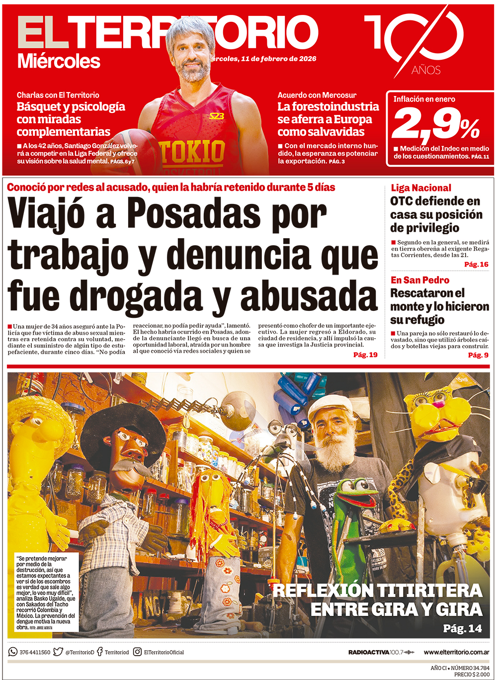 Tapa del diario El Territorio 11/02/2026