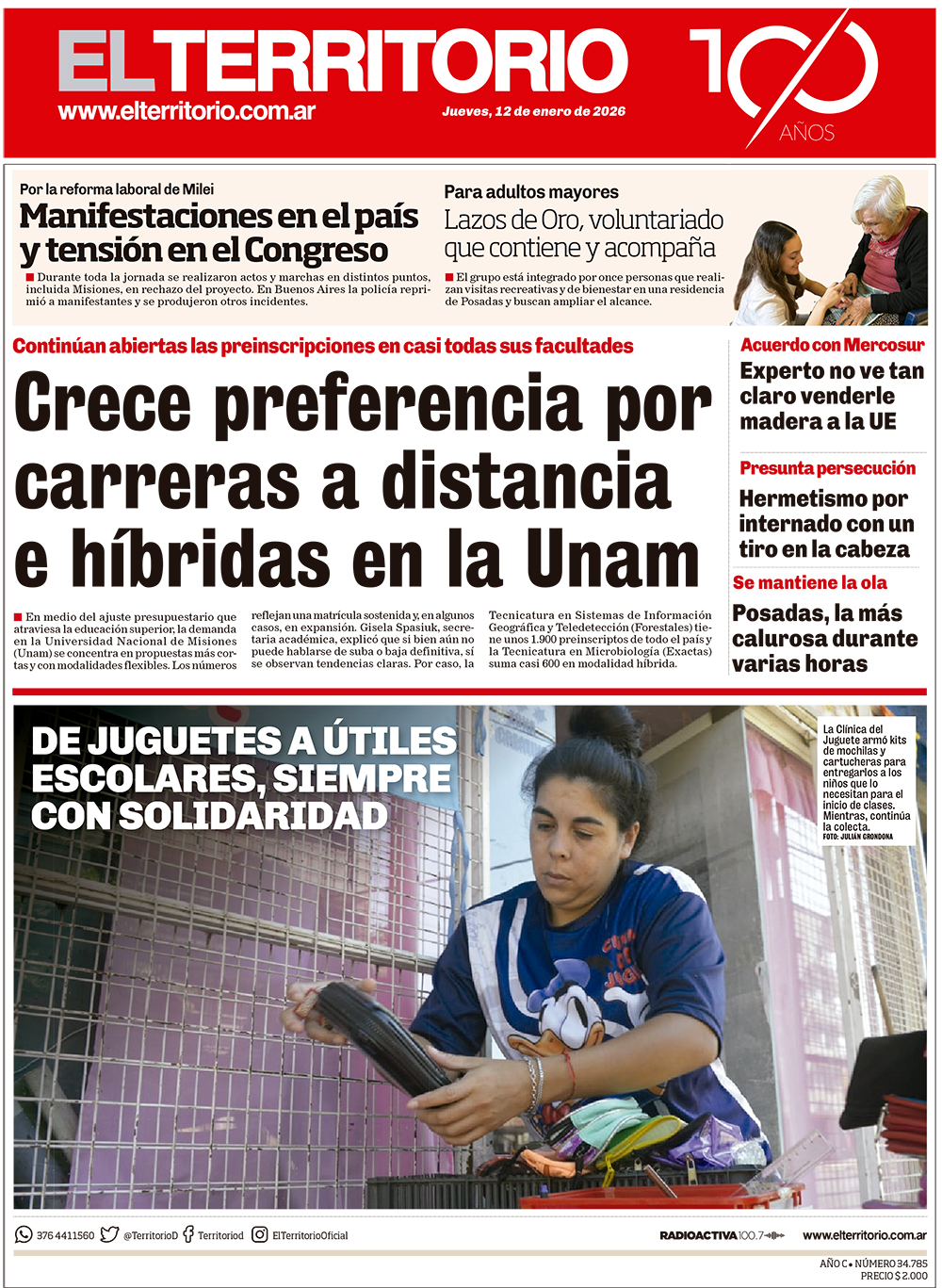 Tapa del diario El Territorio 12/02/2026