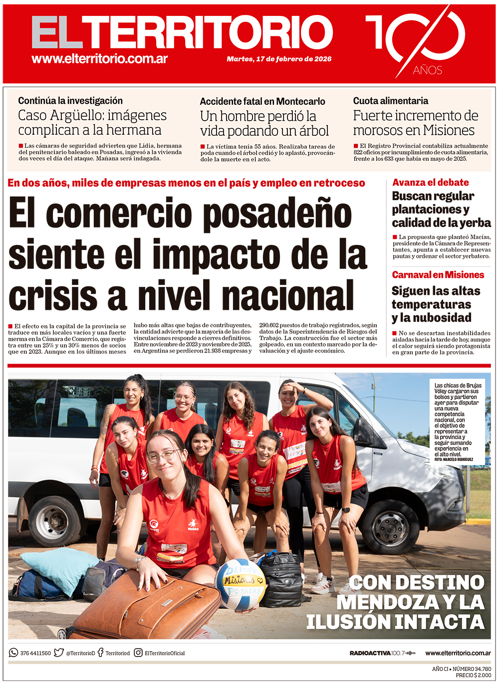 Tapa del diario El Territorio 17/02/2026