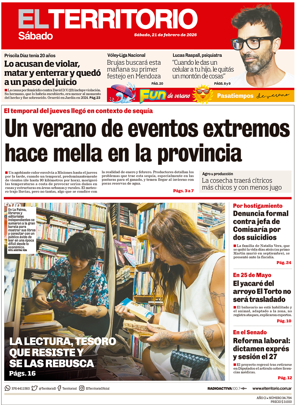 Tapa del diario El Territorio 21/02/2026