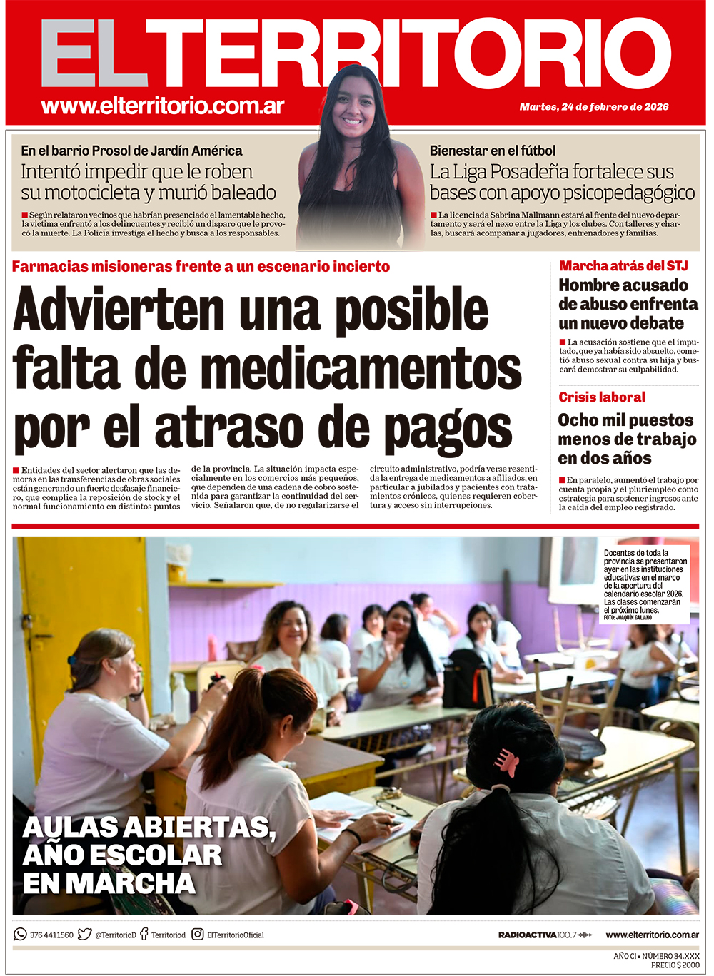 Tapa del diario El Territorio 24/02/2026