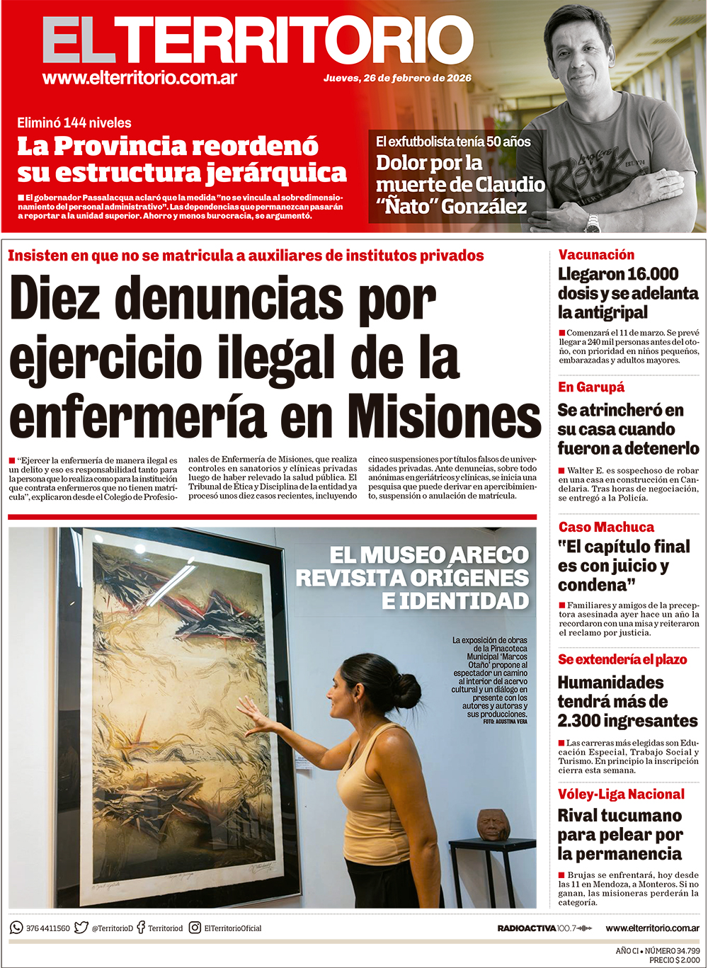 Tapa del diario El Territorio 26/02/2026