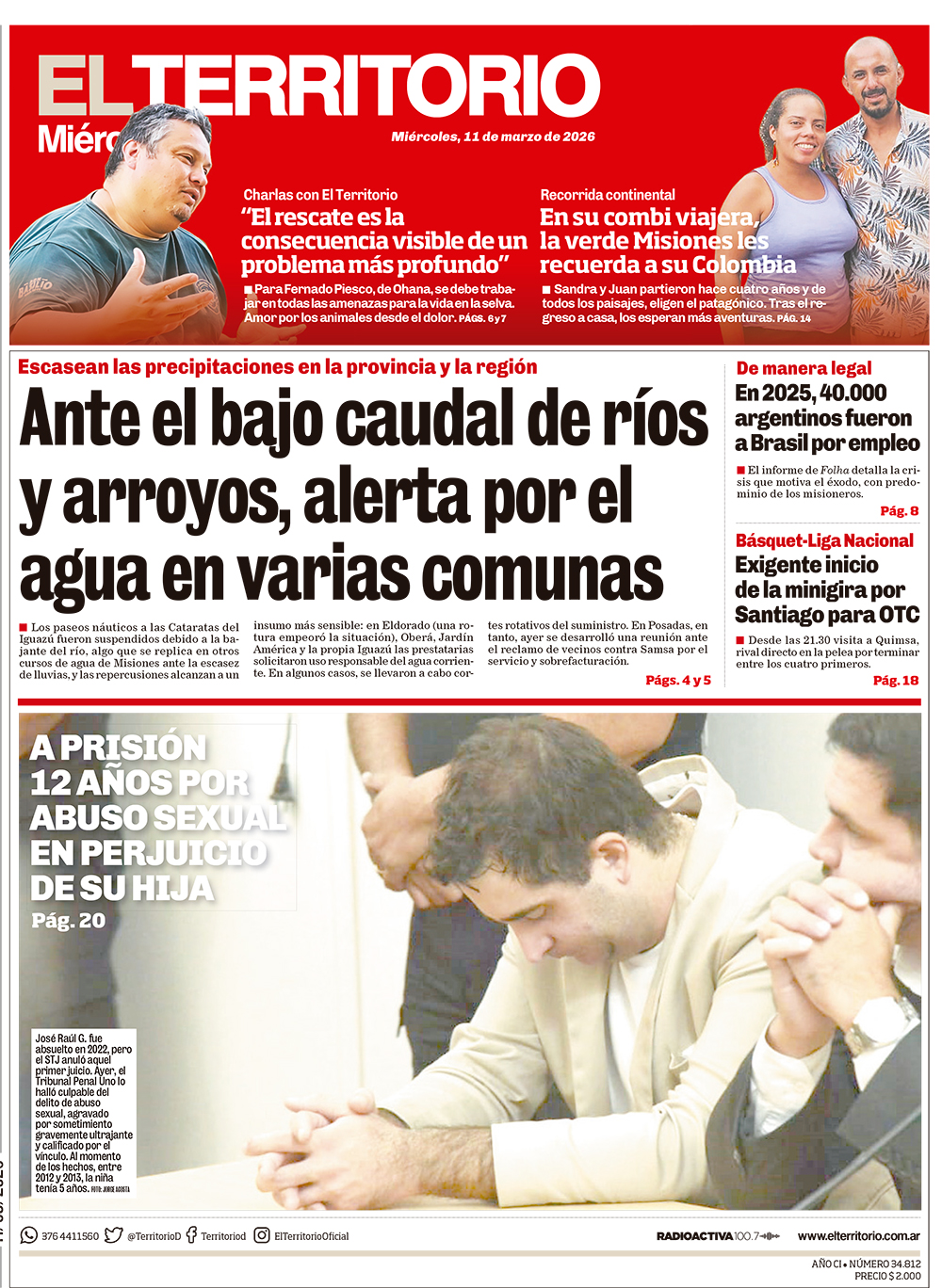 Tapa del diario El Territorio 11/03/2026