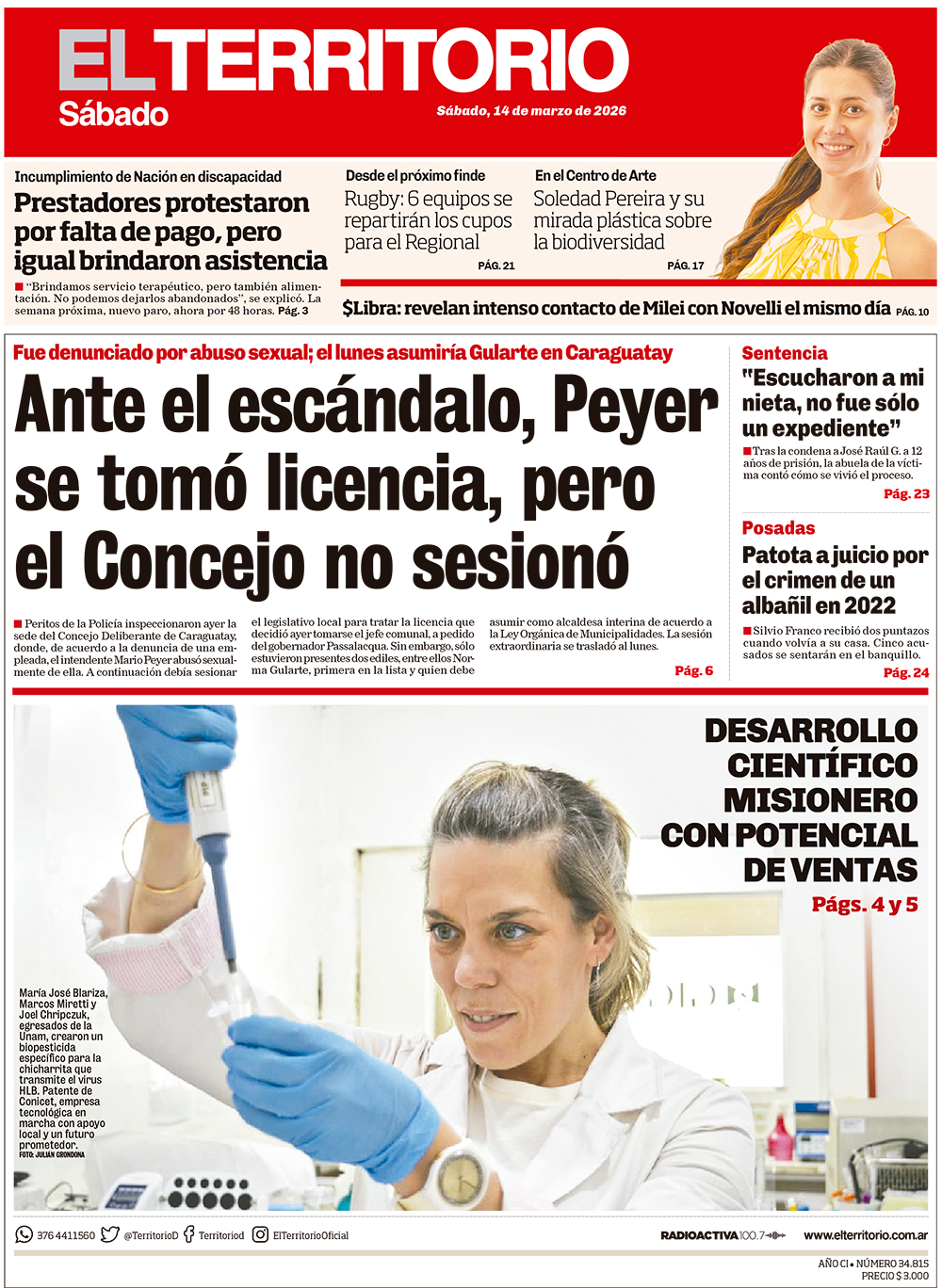 Tapa del diario El Territorio 14/03/2026