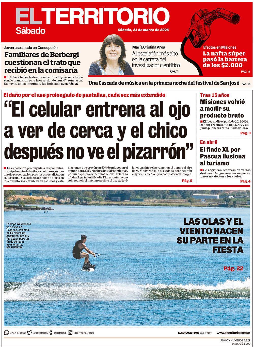 Tapa del diario El Territorio 21/03/2026