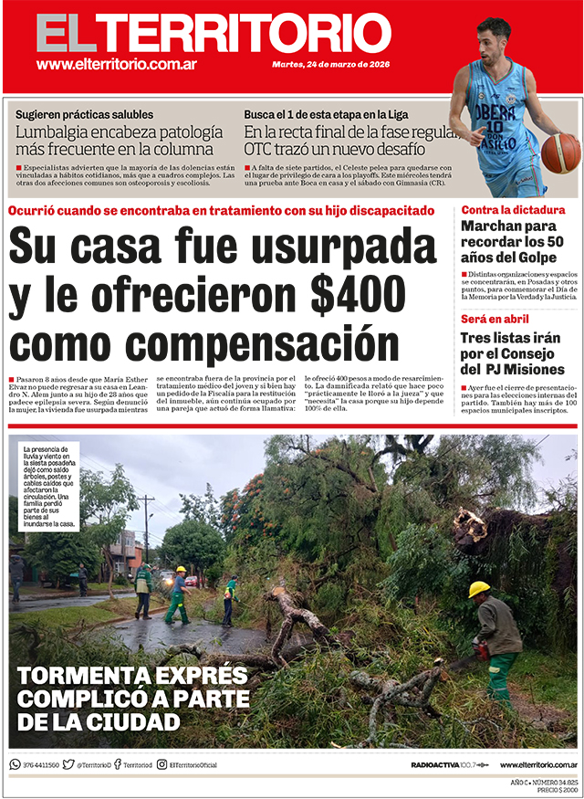 Tapa del diario El Territorio 24/03/2026