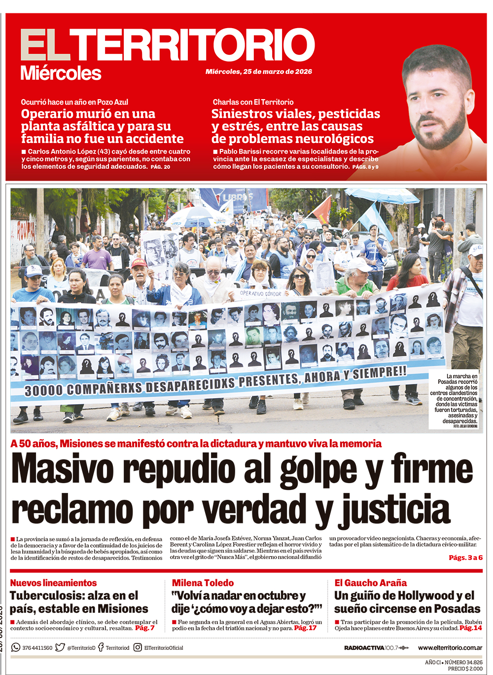 Tapa del diario El Territorio 25/03/2026