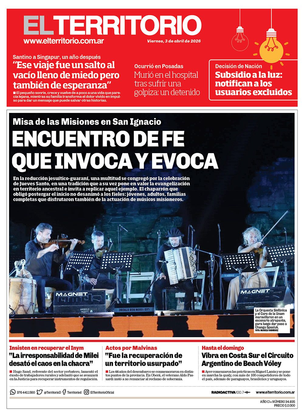 Tapa del diario El Territorio 03/04/2026