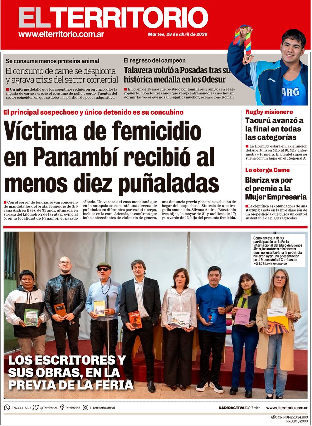 Tapa del diario El Territorio 28/04/2026