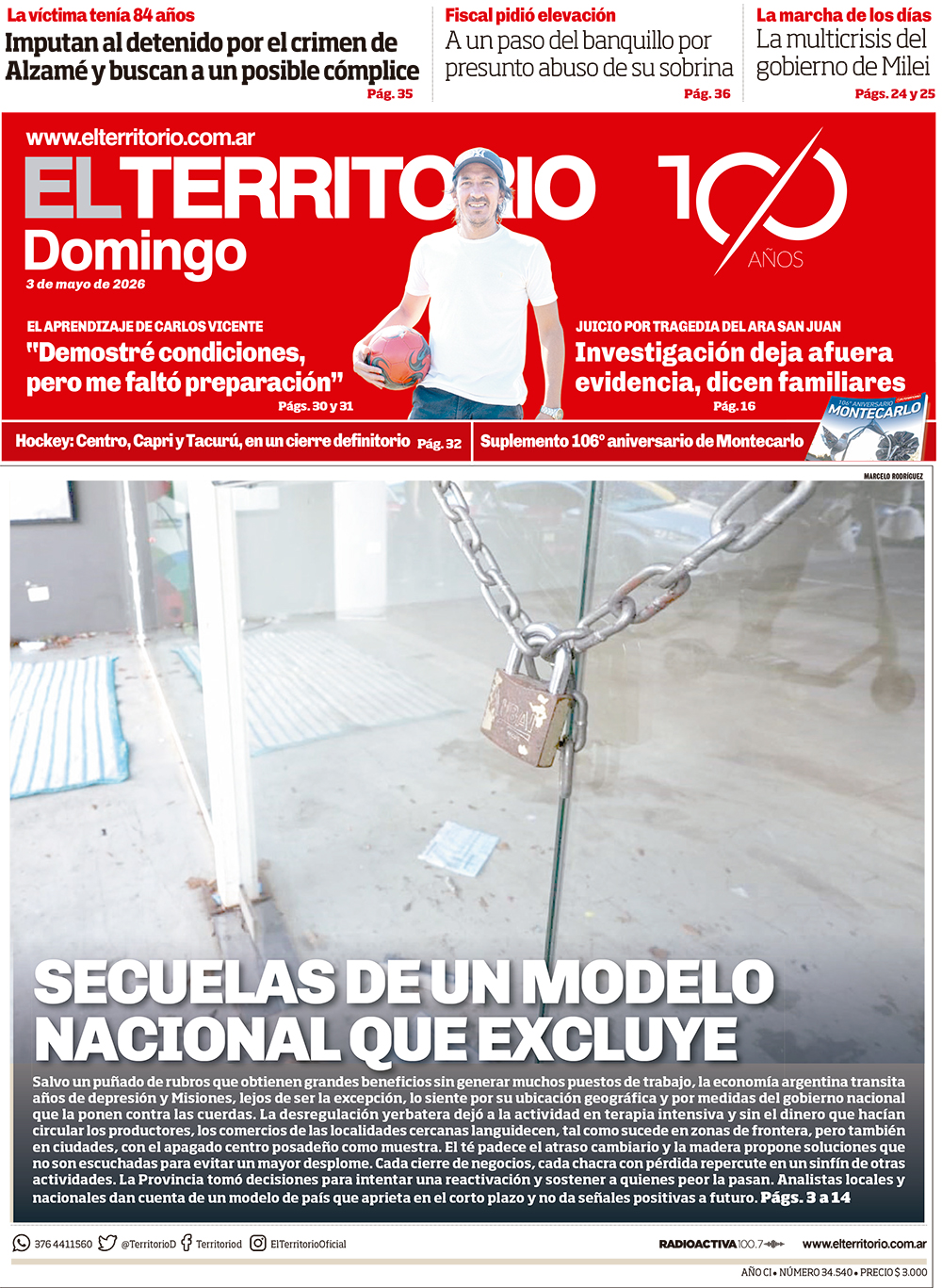 Tapa del diario El Territorio 03/05/2026