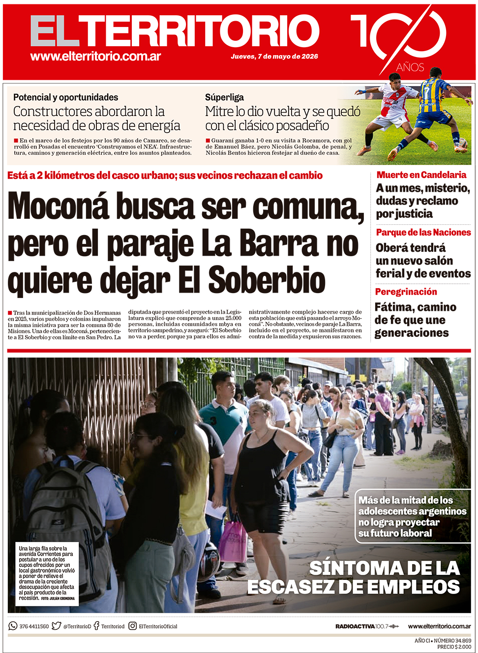 Tapa del diario El Territorio 07/05/2026