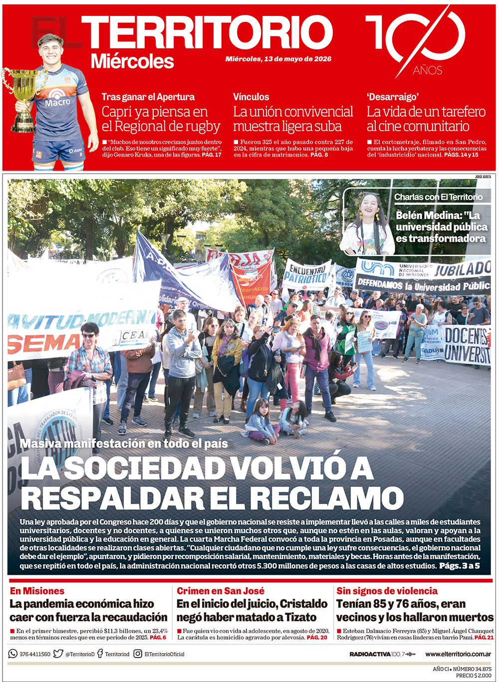 Tapa del diario El Territorio 13/05/2026