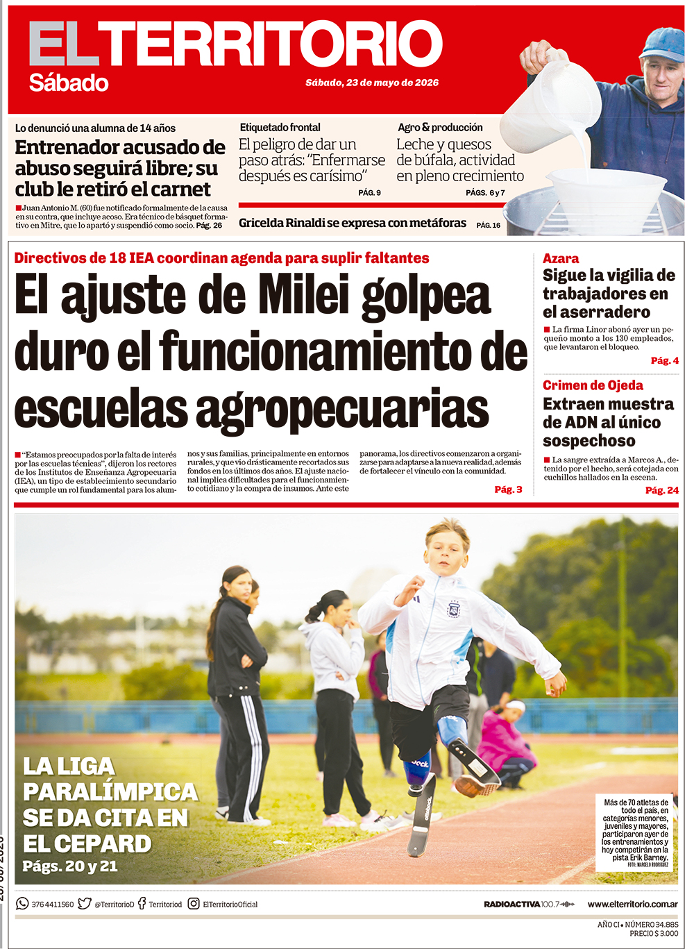 Tapa del diario El Territorio 23/05/2026