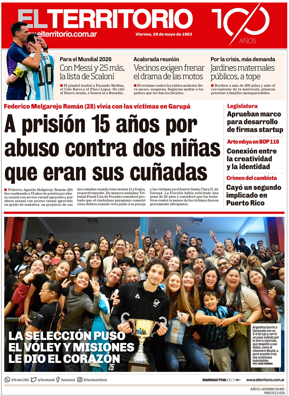 Tapa del diario El Territorio 29/05/2026