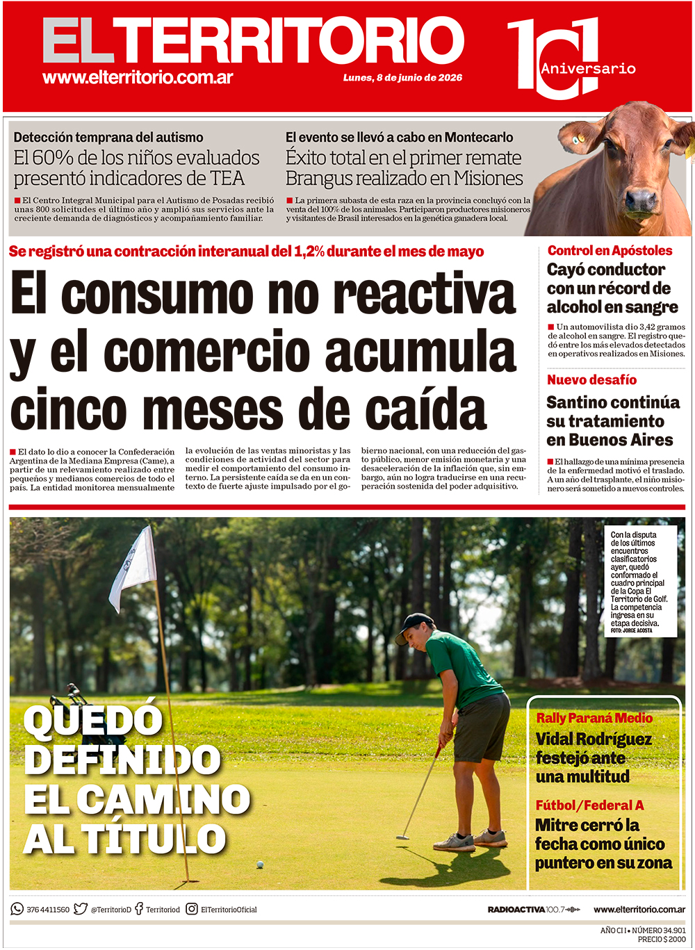 Tapa del diario El Territorio 08/06/2026