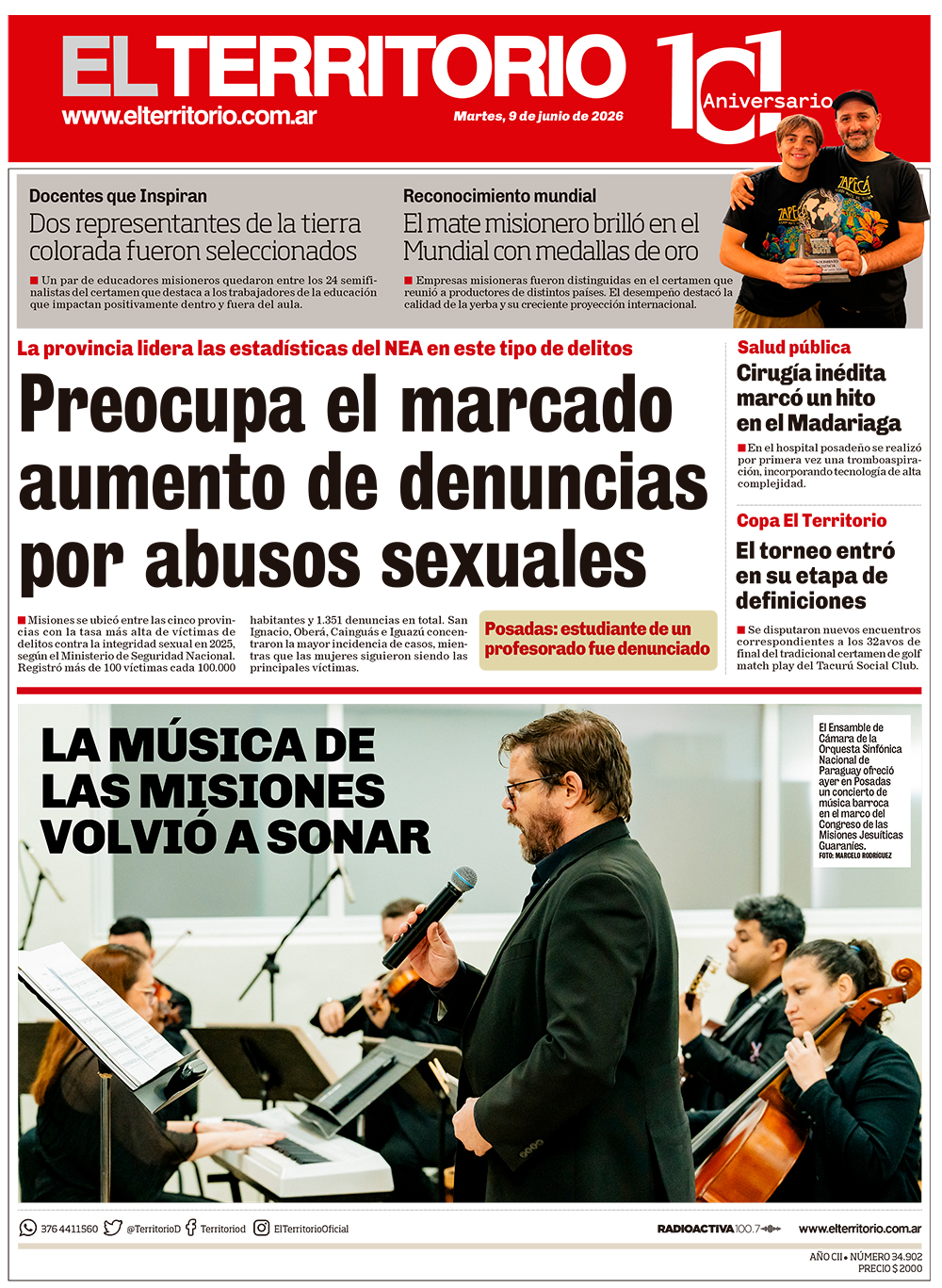 Tapa del diario El Territorio 09/06/2026