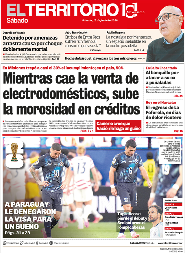 Tapa del diario El Territorio 13/06/2026