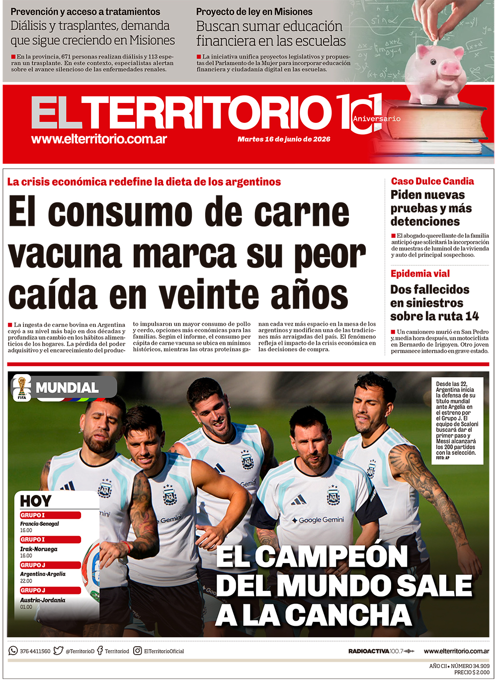 Tapa del diario El Territorio 16/06/2026
