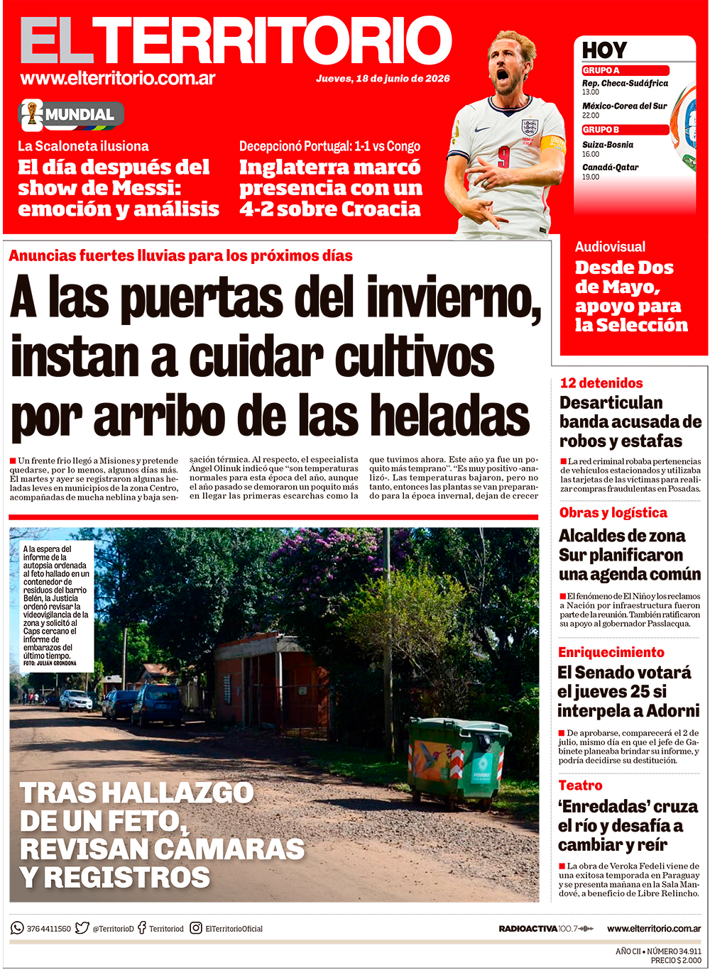 Tapa del diario El Territorio 18/06/2026