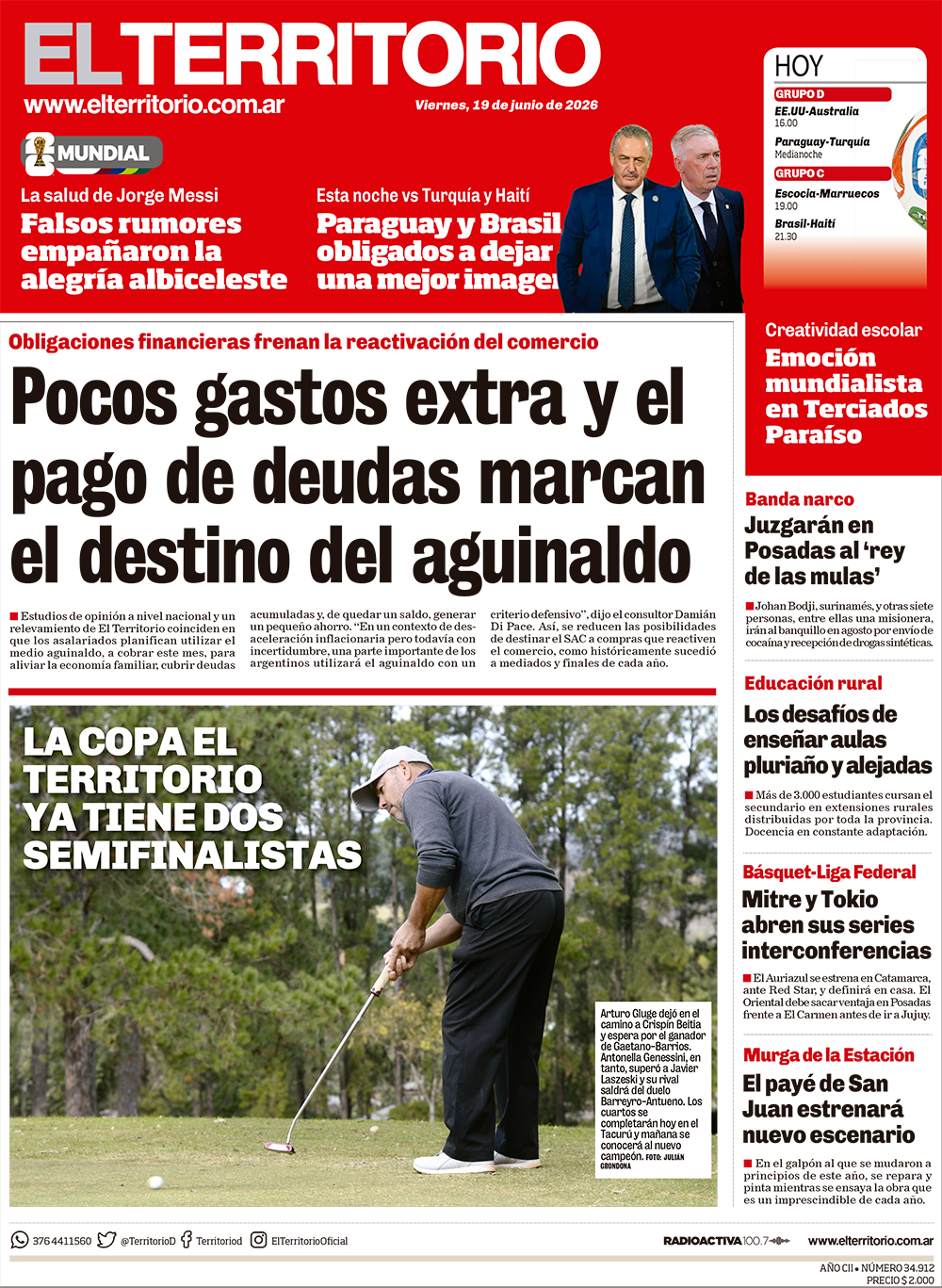 Tapa del diario El Territorio 19/06/2026