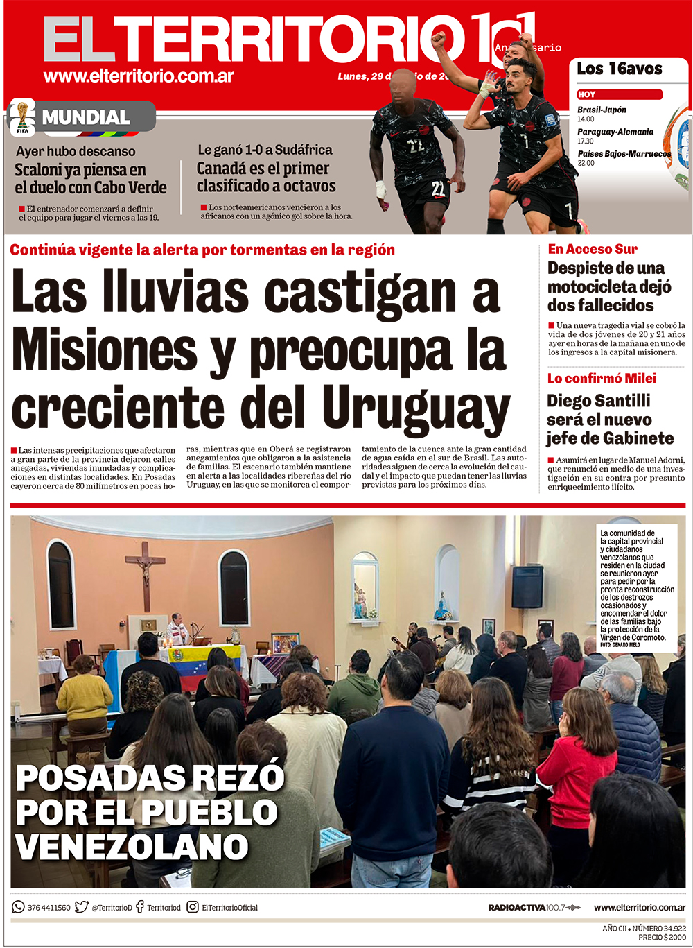Tapa del diario El Territorio 29/06/2026