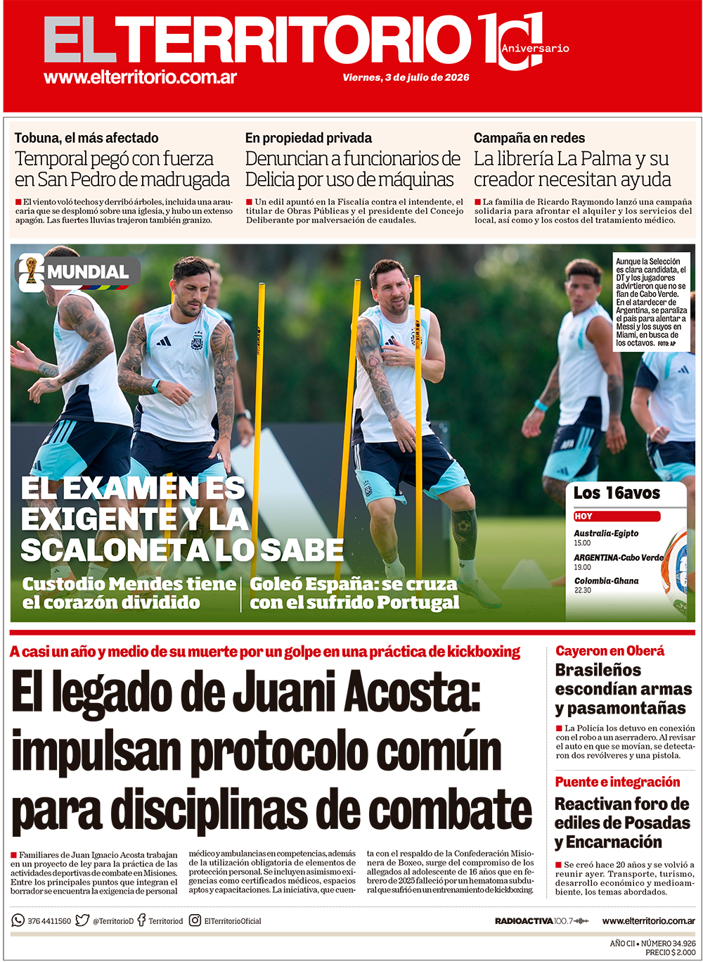 Tapa del diario El Territorio 03/07/2026