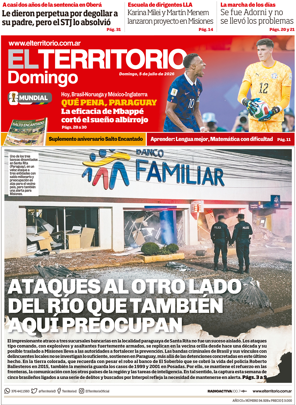 Tapa del diario El Territorio 05/07/2026