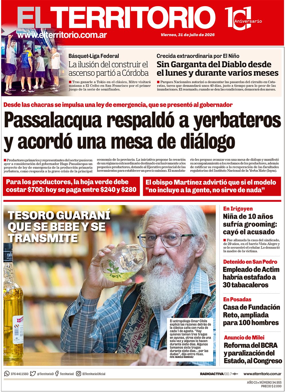 Tapa del diario El Territorio 31/07/2026