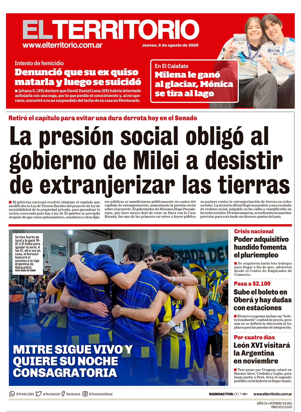 Tapa del diario El Territorio 06/08/2026