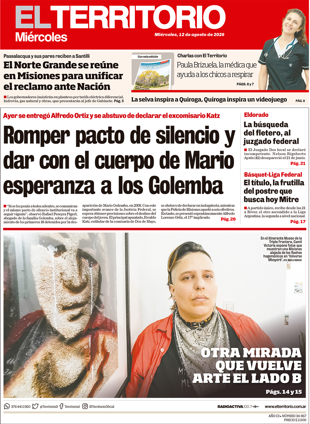 Tapa del diario El Territorio 12/08/2026
