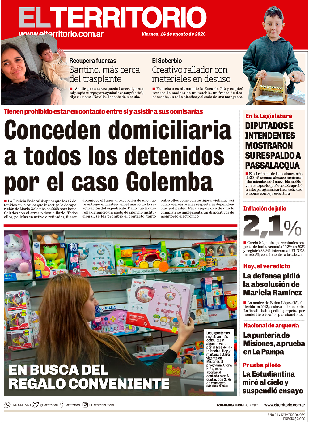 Tapa del diario El Territorio 14/08/2026