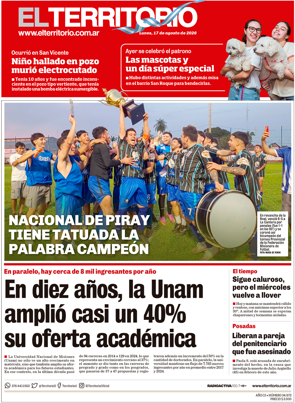 Tapa del diario El Territorio 17/08/2026
