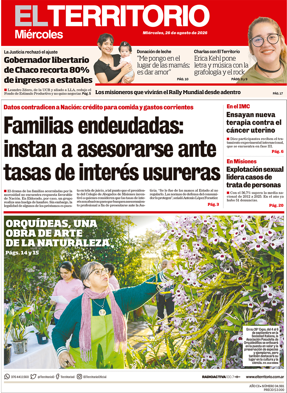 Tapa del diario El Territorio 26/08/2026