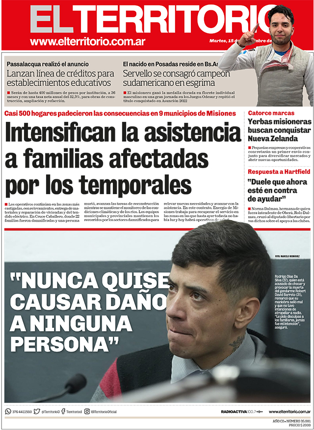 Tapa del diario El Territorio 15/09/2026