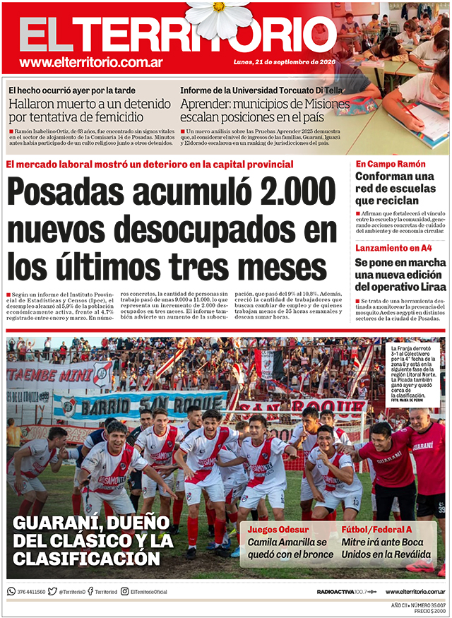 Tapa del diario El Territorio 21/09/2026