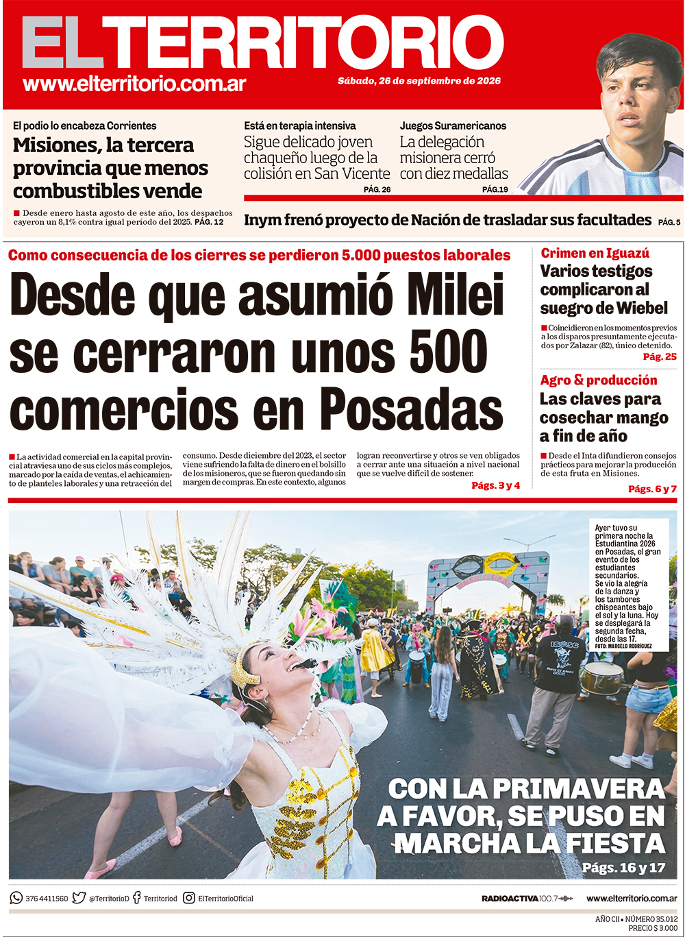 Tapa del diario El Territorio 26/09/2026
